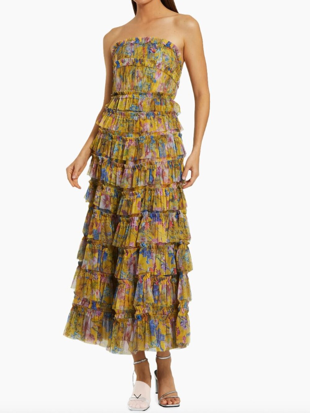 Mac Duggal Yellow Cocktail Floral Tiered Strapless Maxi-Dress